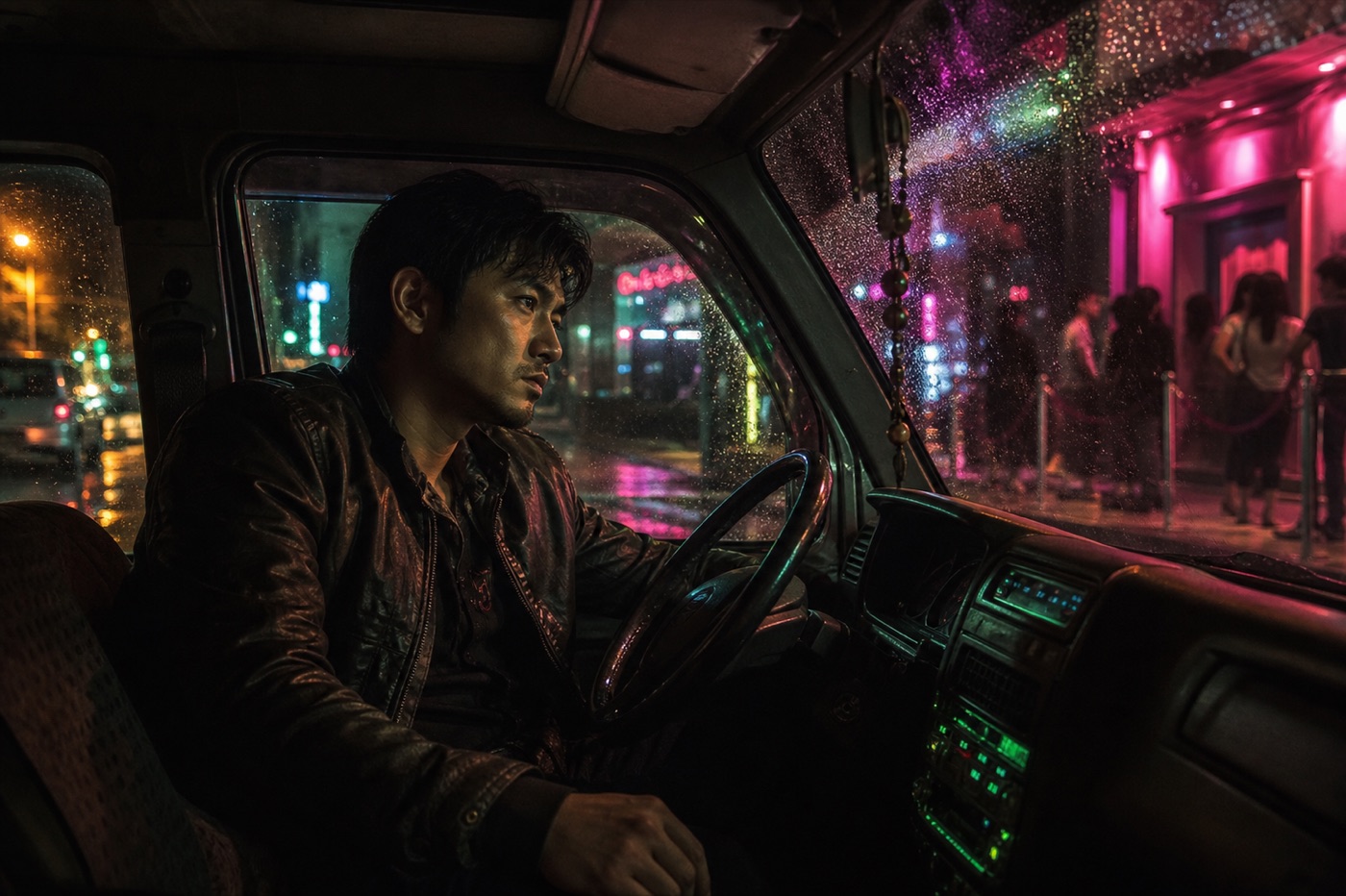 上海雨夜街边的旧面包车