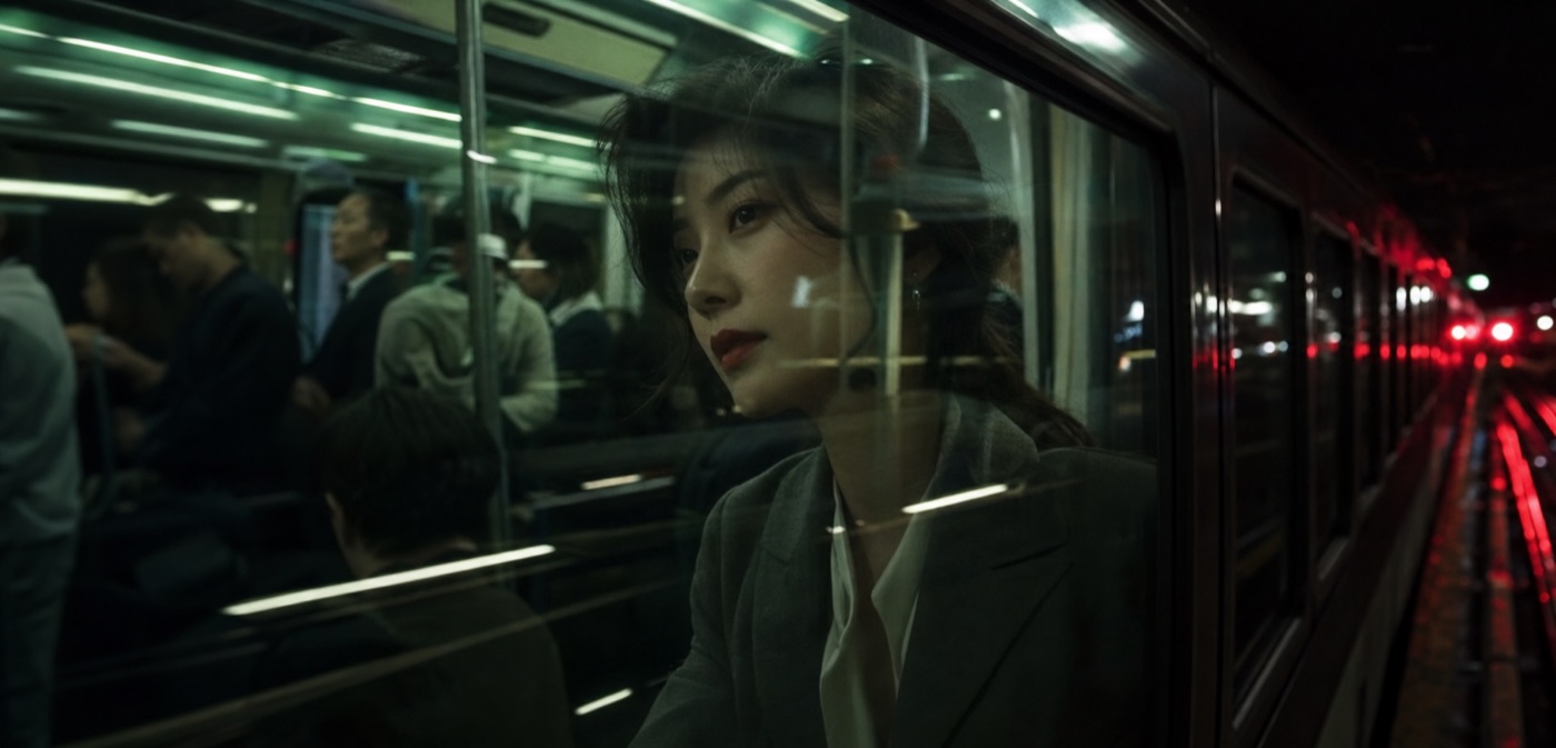 拥挤车厢窗边的倒影